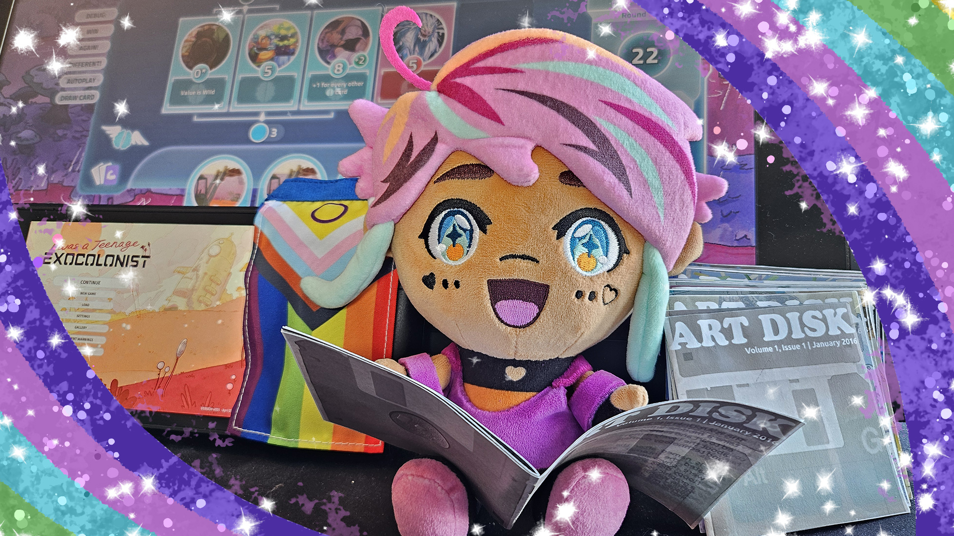 Nomi-Nomi plush reading a mini zine